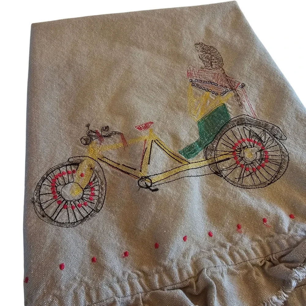 Embroidered Monkey Bicycle Whimsical Kitchen Beige‎ Dish Towel Cotton Ruffle
